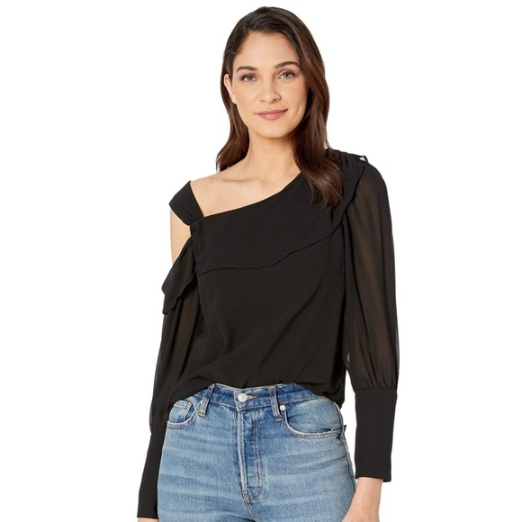 Bebe Black Asymmetrical Chiffon Cuff Detail Soft Blouse Top - Picture 1 of 12